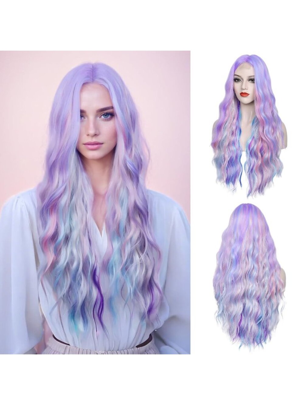 Women's Platinum Purple WECAN 28 Inch Rainbow Wig Long Synthetic Colorful Hair